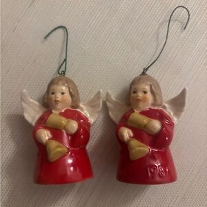 (2) Goebel Angel Bell Christmas Tree Ornaments  - Red, Hand Bells